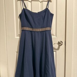 Dress the Population Navy Spaghetti-Strap Midi Dress with Scalloped Trim